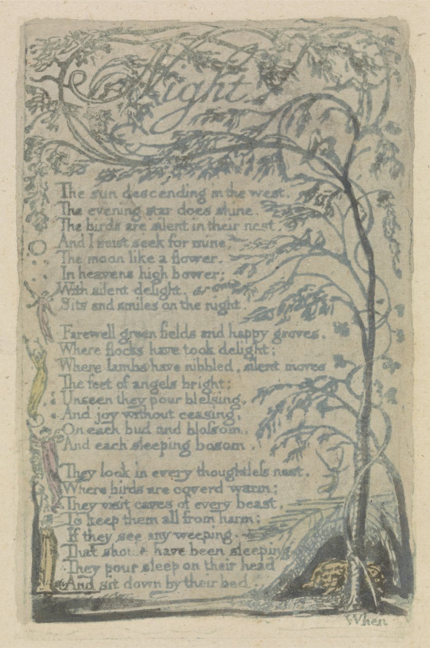 Noite, prato 29 de Songs of Innocence, 1789 (relevo colorido à mão gravura com aquarela) de William Blake