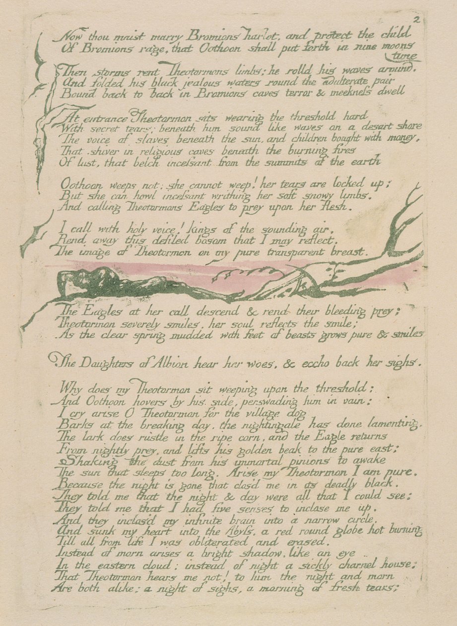 Agora tu maist casar, prato 4v de Visões das Filhas de Albion, 1793 (gravura em relevo impressa em verde com wc) de William Blake