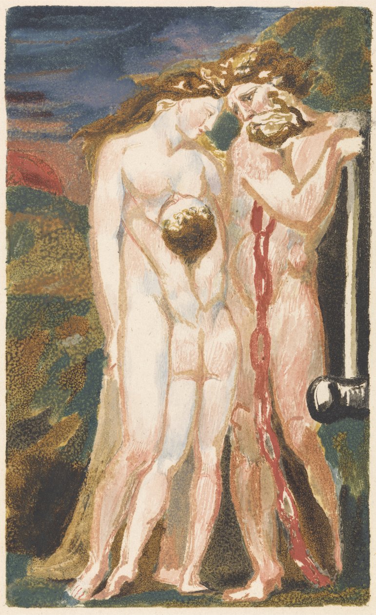 Mulher nua, olhando para um menino e para a direita, um homem de barba apoiado em um martelo, prato 18 do primeiro livro de Urizen, 1794 (gravura em relevo de cor impressa com tinta e wc no papel) de William Blake