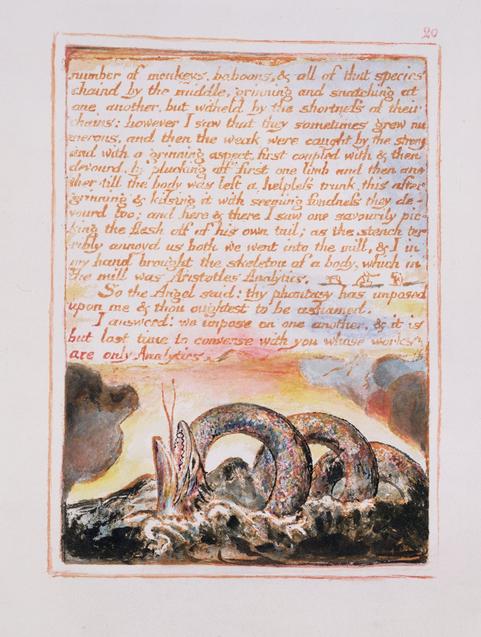 Número de macacos, babuínos .., ilustração e texto de O Casamento do Céu e do Inferno, c.1790-3 (gravura em relevo terminada com caneta e wc) de William Blake