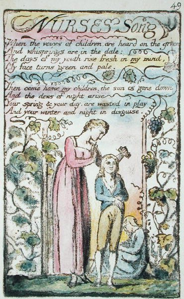 Nurses Song, plate 49 (Bentley 38) de Songs of Innocence e de Experience (Bentley Copy L) 1789-94 (gravura elevada com caneta e wc) de William Blake