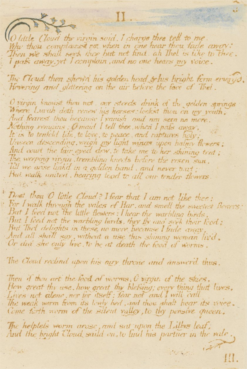 Ó pequena nuvem ..., prato 5 de O Livro de Thel, 1789 (gravura em relevo impressa em marrom com wc) de William Blake