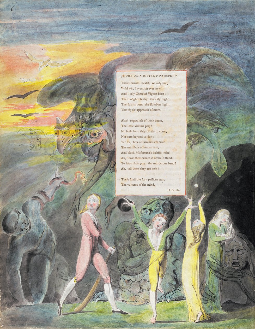 Ode em uma perspectiva distante do Eton College, de "The Poems of Thomas Gray", publicado em 1797-98 (wc e tinta preta sobre papel) de William Blake