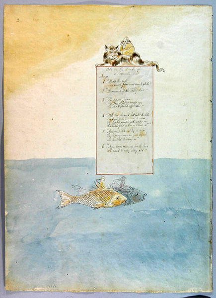 Ode na morte de um gato favorito, projeto 8 para os poemas de Thomas Gray, 1797-98 (wc com caneta e tinta preta) (ver 285539 para o reto) de William Blake