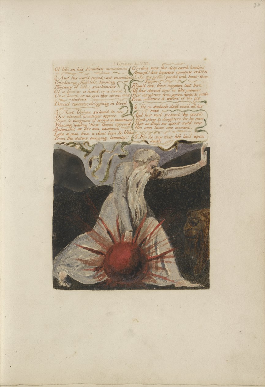 Da vida abandonada montanhas ..., placa 24 do primeiro livro de Urizen, 1794 (gravura em relevo de cor impressa com tinta e wc no papel) de William Blake