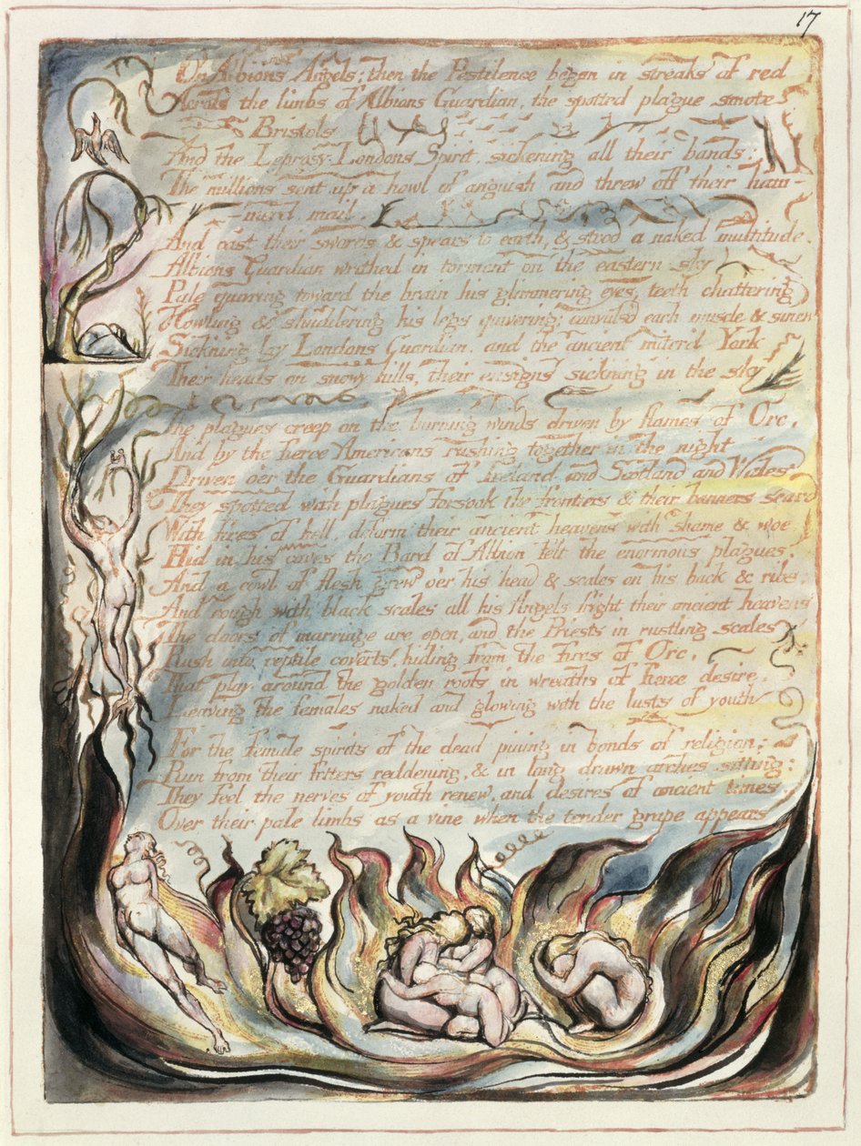 Em Albion&39;s Angels, prato 15 de &39;America, a Prophecy&39;, 1793 (gravura em relevo e wc no papel) de William Blake