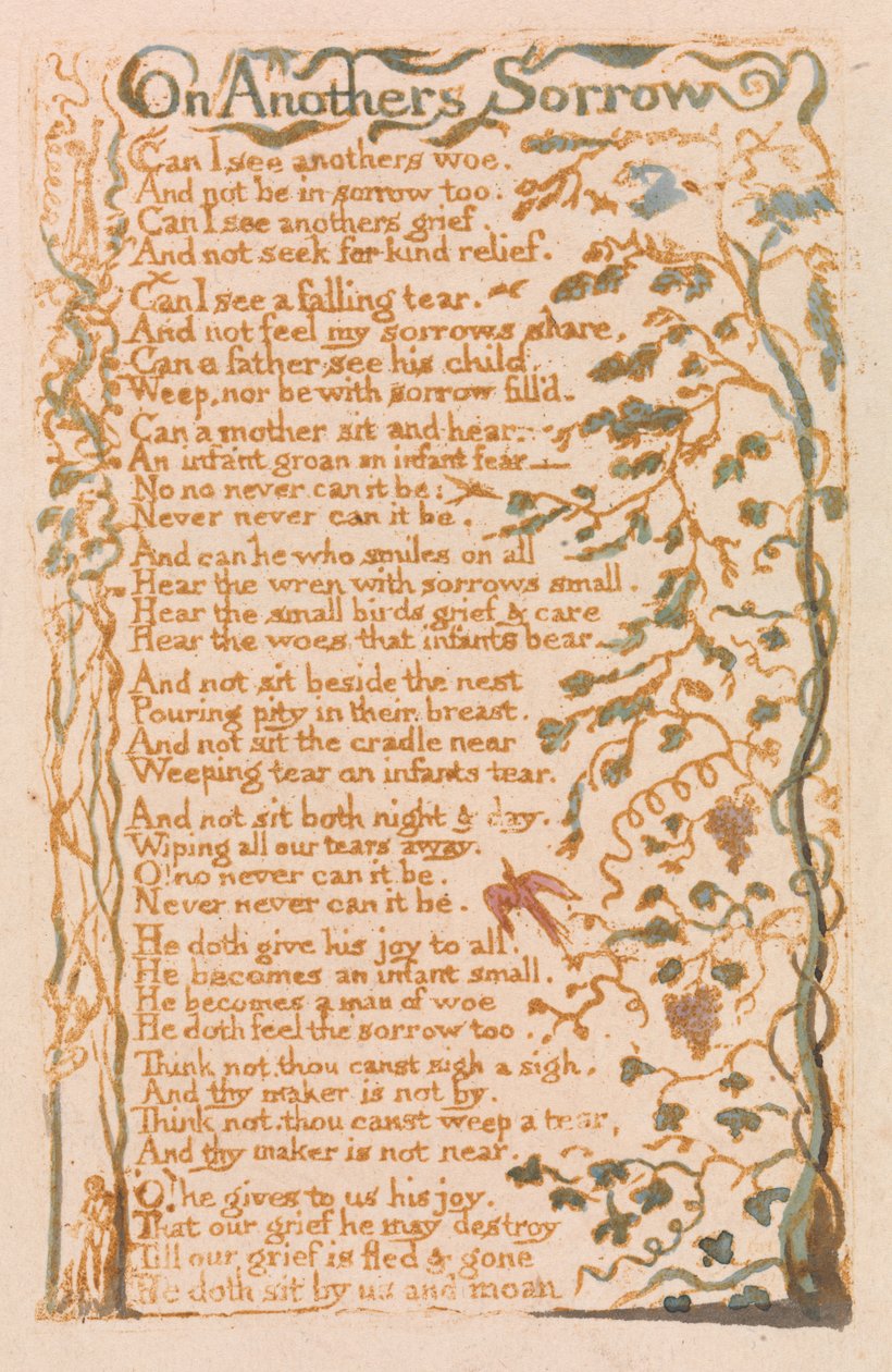 Em Anothers Sorrow, prato 24 de Songs of Innocence, 1789 (gravura em relevo com wc) de William Blake