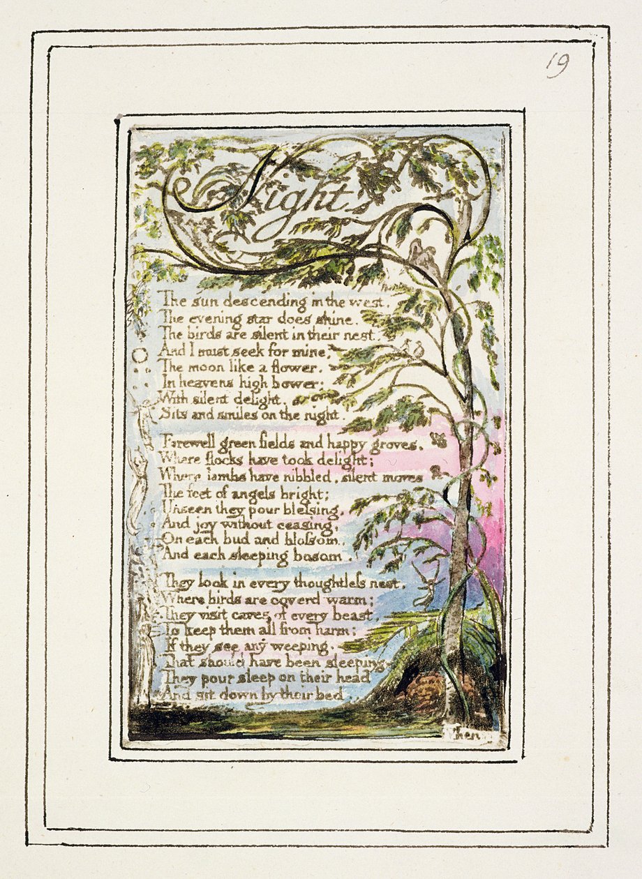 P.124-1950.pt19 Noite: prato 19 de Canções da Inocência e da Experiência (exemplar R) c.1802-08 (gravura, tinta e wc) de William Blake