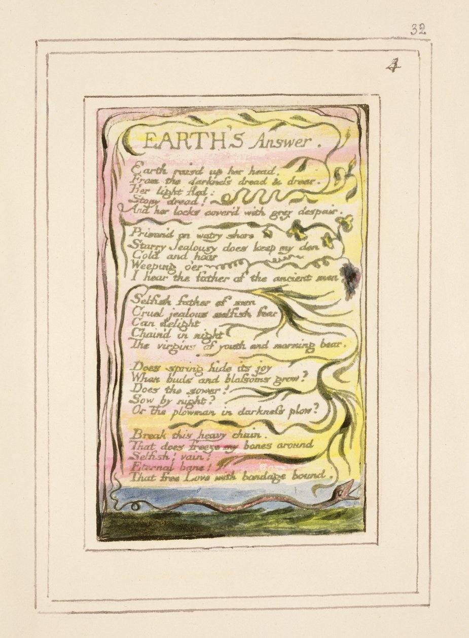 P.124-1950.pt32 Resposta da Terra: placa 32 de Songs of Innocence e de Experience (cópia R) c.1802-08 (gravura, tinta e wc) de William Blake