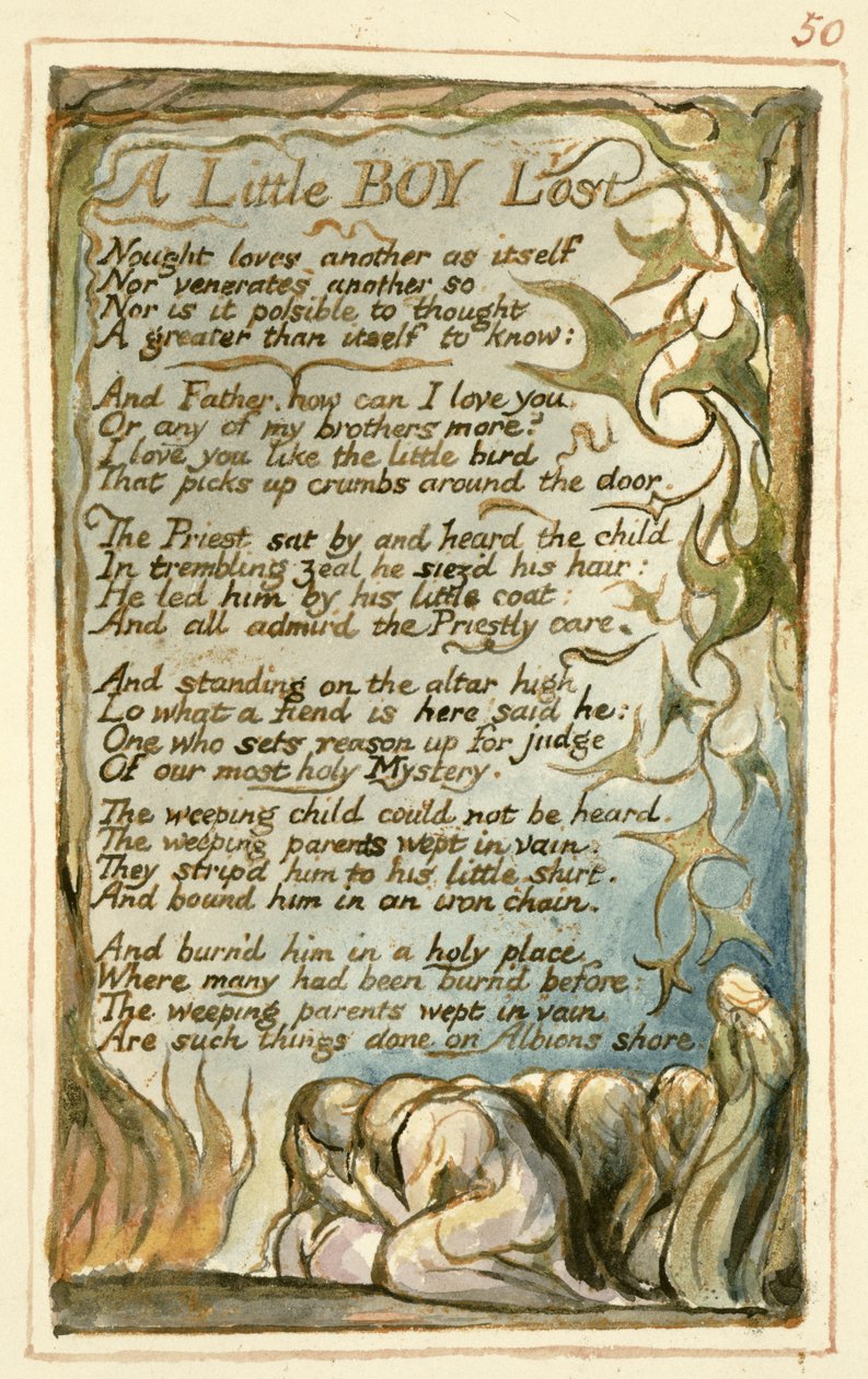 P.125-1950.pt50 Um Garotinho Perdido: prato 50 de Canções da Inocência e da Experiência (exemplar AA) c.1815-26 (gravura, tinta e wc) de William Blake
