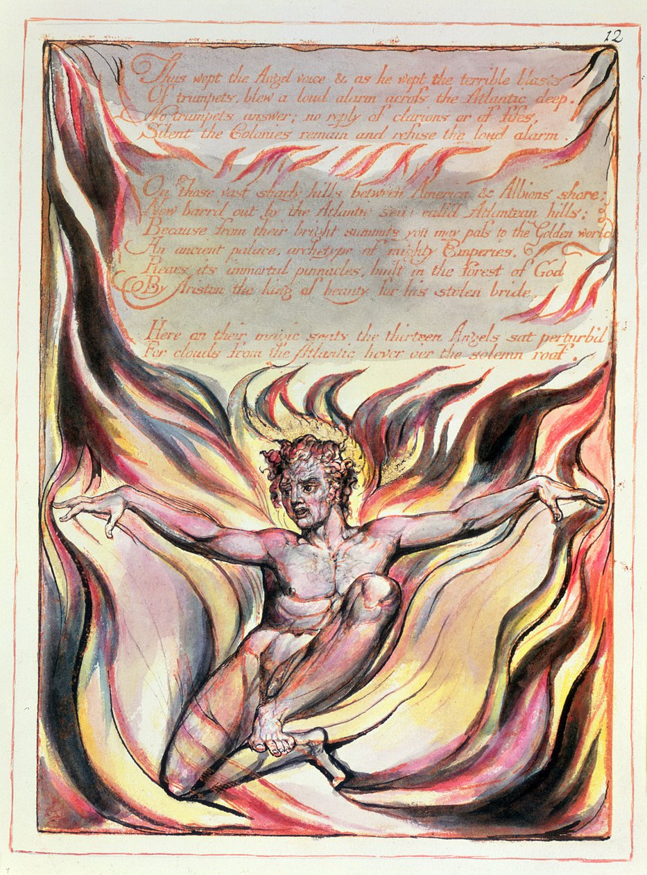 P.127-1950 Pt.12 Orc surge, envolto nas chamas da revolução, prato 10 de &39;America, a Prophecy&39;, c.1812 (gravura em relevo com caneta e wc no papel) de William Blake