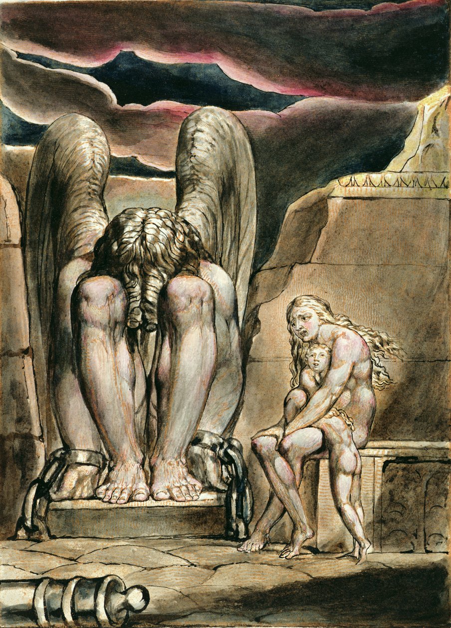 P.127-1950.pt1 Albion&39;s Angel, frontispício para &39;America, a Prophecy&39;, c.1821 (gravura em relevo com caneta e wc no papel) de William Blake