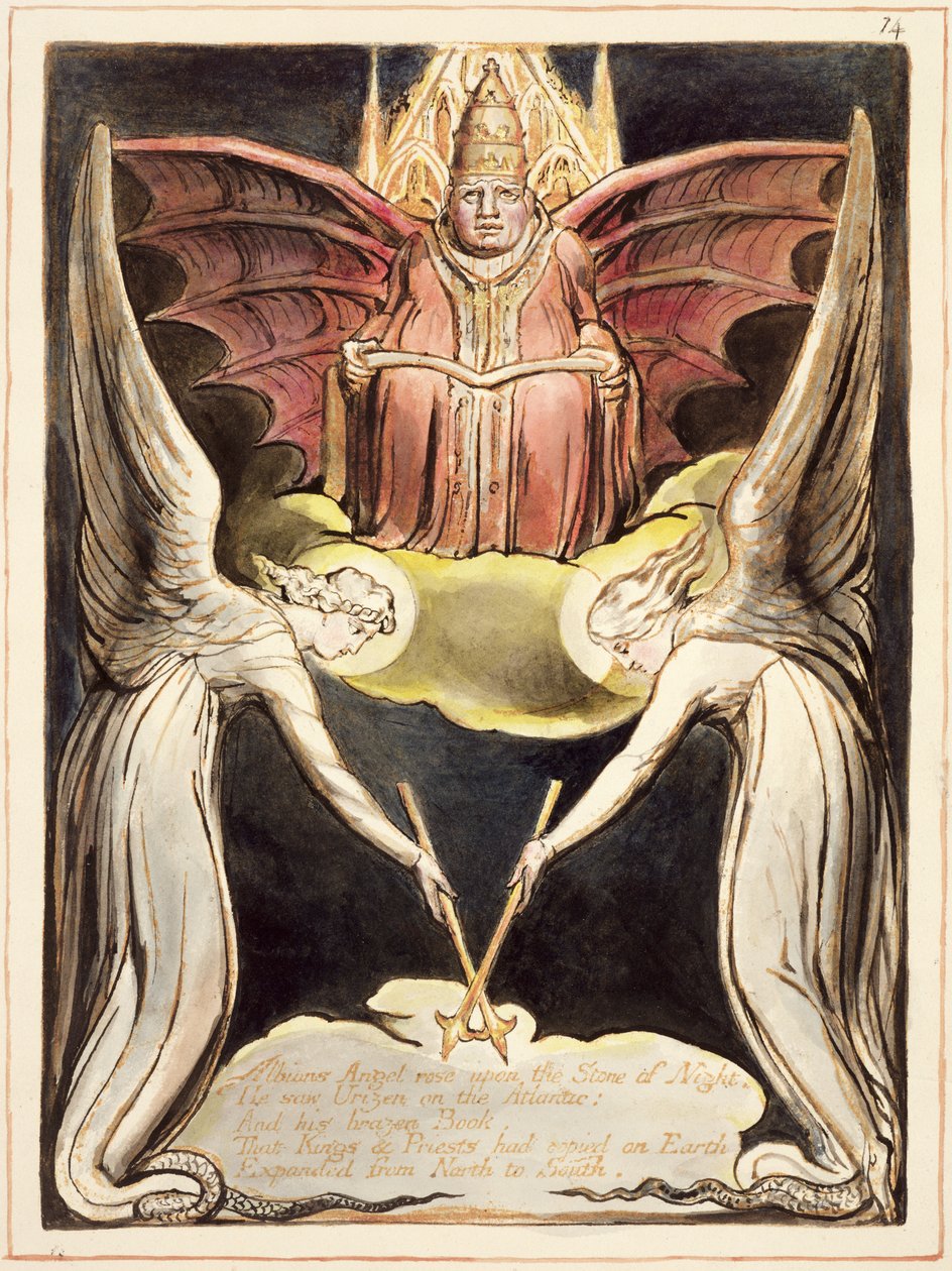 P.127-1950.pt.32 Um padre no trono de Cristo, usando uma tiara papal e asas de morcego de &39;Europe, A Prophecy&39;, c.1821 (relevo gravado com caneta e wc no papel) de William Blake