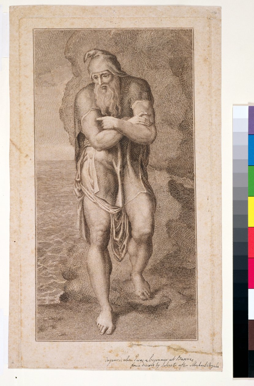 P.391-1985 José de Arimatéia entre as rochas de Albion, (1º estado), 1773 (gravura e gravura de linha colorida com tinta marrom) de William Blake