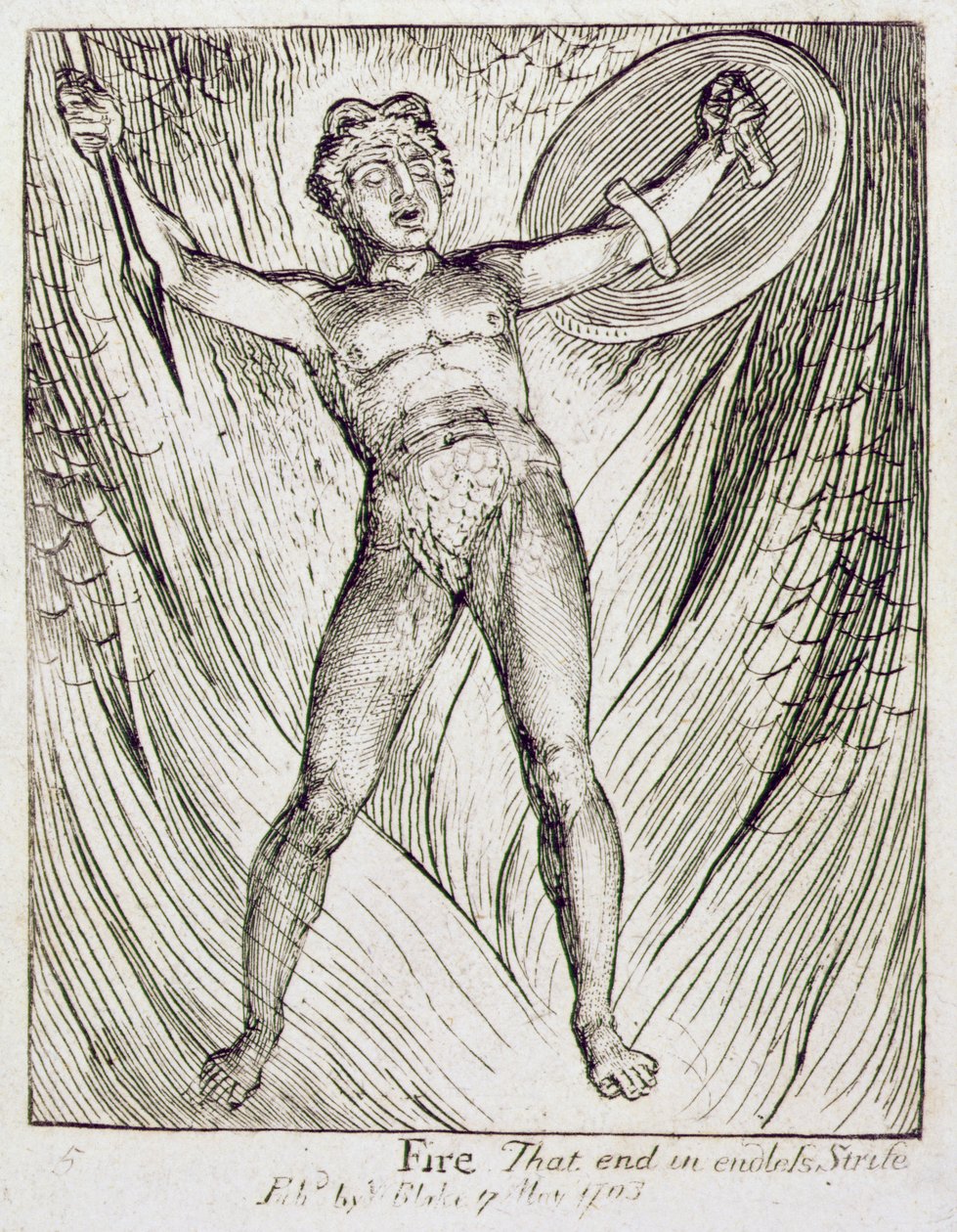 P.441-1985 Fogo, Que terminam em interminável Strife, prato 5 de &39;The Gates of Paradise&39;, primeiro pub. 17 de maio de 1793, 1818-25 (linha de gravura) de William Blake