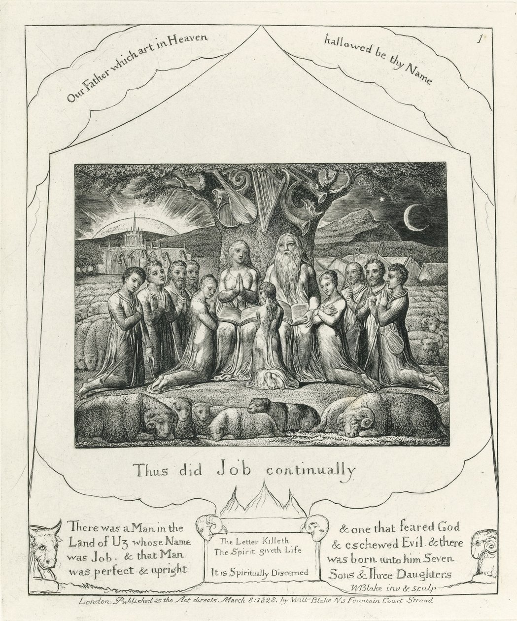 Ilustração 1, Jó e sua Família, ilustração do &39;Livro de Jó&39;, c.1825 (tinta preta de carbono sobre papel) de William Blake