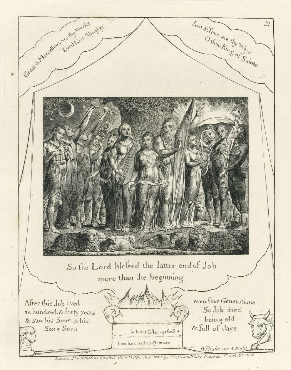Ilustração 21, Jó e sua Esposa Restaurada para a Prosperidade, ilustração do &39;Livro de Jó&39;, c.1825 (tinta preta de carbono sobre papel) de William Blake
