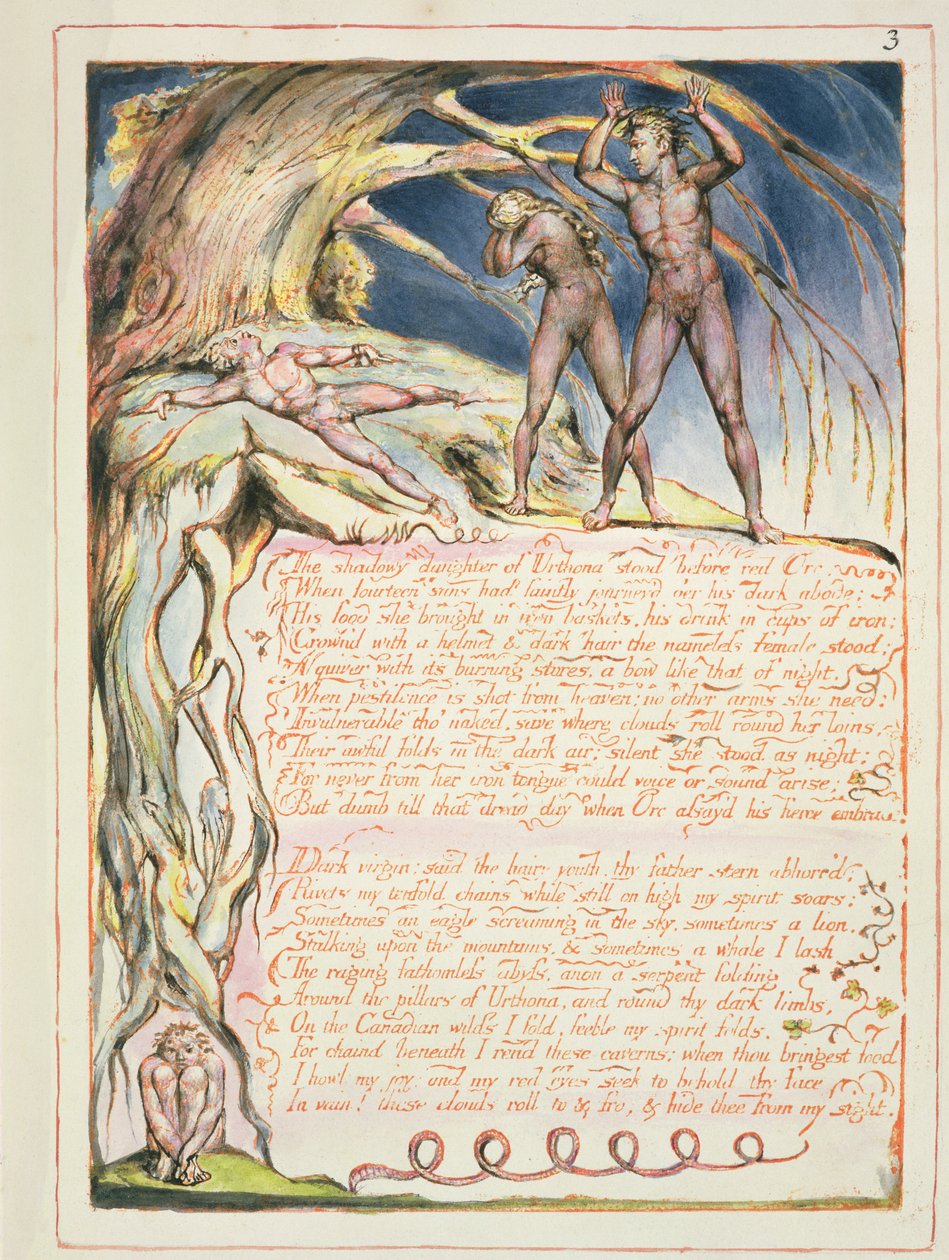 Preludium, placa 1 de &39;America, a Prophecy&39;, 1793 (gravura em relevo e wc no papel) de William Blake