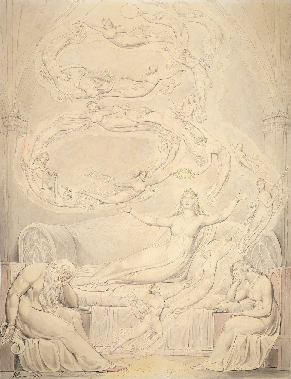 Sonho da Rainha Catarina, 1807 (caneta com lavagem sobre grafite sobre papel) de William Blake