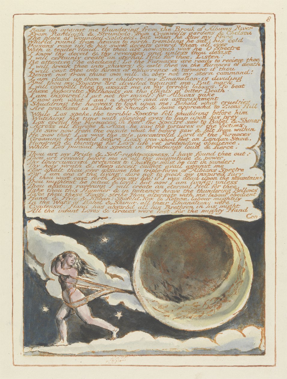 Levantou-se contra mim ..., placa 8 de Jerusalém, 1804-20 (gravura em relevo impressa em laranja com caneta e wc) de William Blake