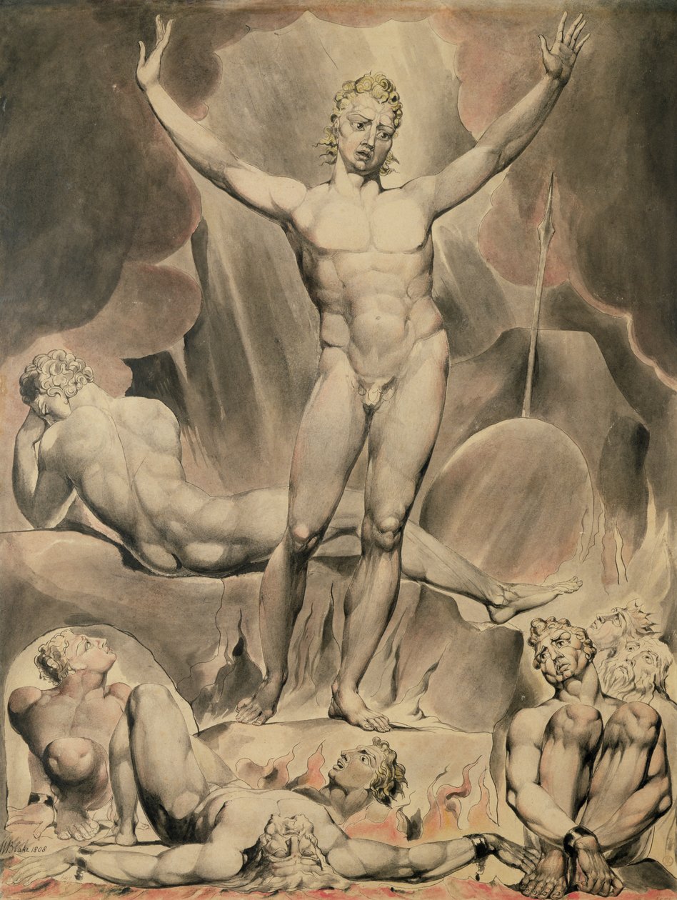 Satanás despertando os anjos rebeldes, 1808 (caneta e wc) de William Blake