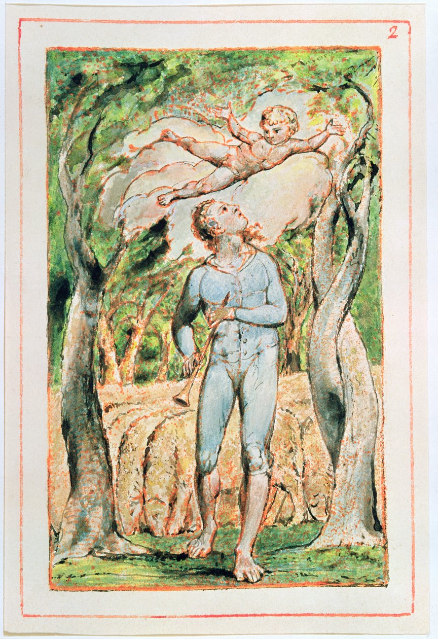 Canções da inocência; o Piper (frontispício), 1789 (gravura em relevo, colorido com wc) de William Blake