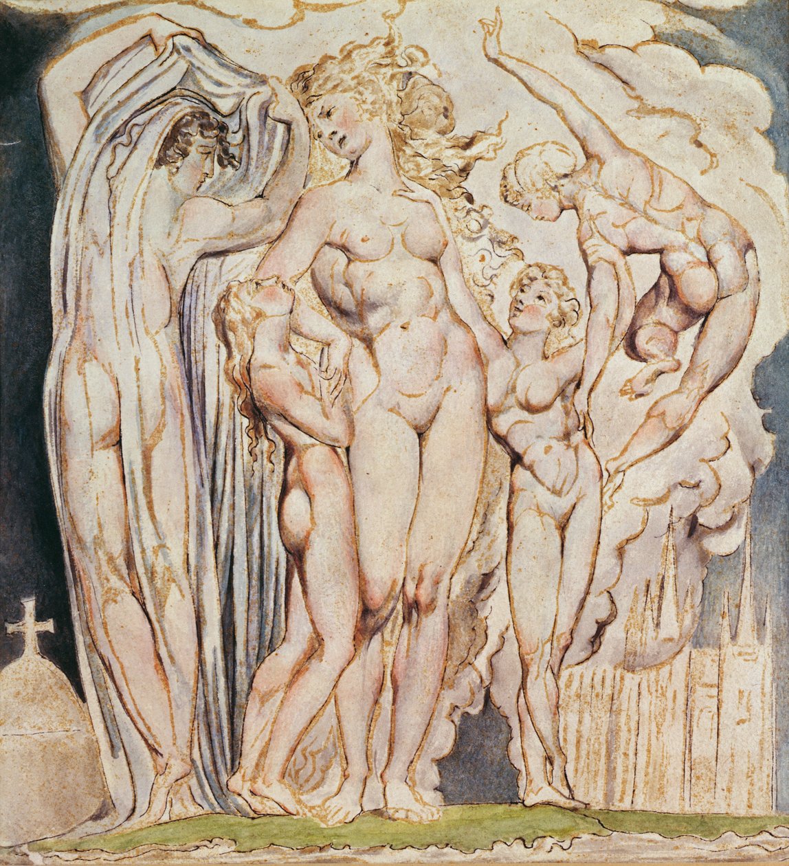 Estudo para &39;Encostado aos Pilares ...&39;, placa 32 de &39;Jerusalém&39;, 1804-20 (caneta e wc no papel) de William Blake