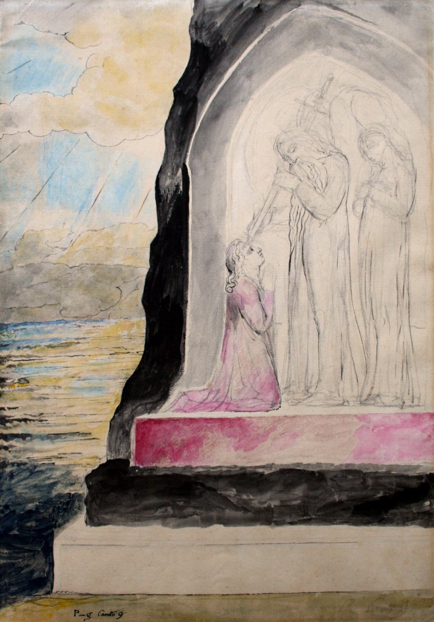 O anjo com a espada marcando Dante com o Sevenfold &39;, ilustração de&39; Purgatorio &39;, divina comédia de Dante, c.1825-27 (caneta e tinta com wc no papel) de William Blake