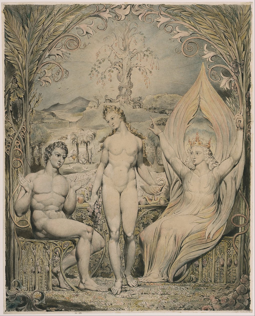 O Arcanjo Rafael com Adão e Eva (Ilustração ao Paraíso Miltons Perdido) de William Blake