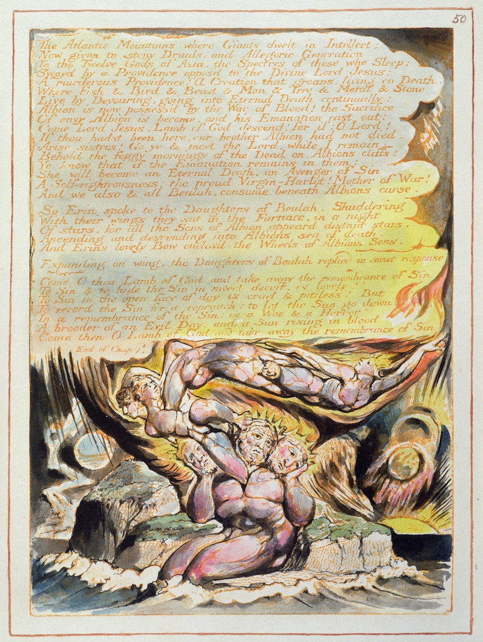 &39;The Atlantic Mountains ...&39;, placa 50 de &39;Jerusalem&39;, 1804-20 (gravura em relevo impressa em laranja com caneta e wc) de William Blake