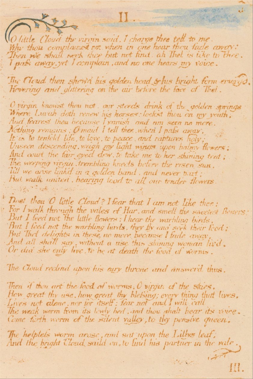 O livro de Thel, placa 5, II. Ó pequena nuvem. . . . de William Blake