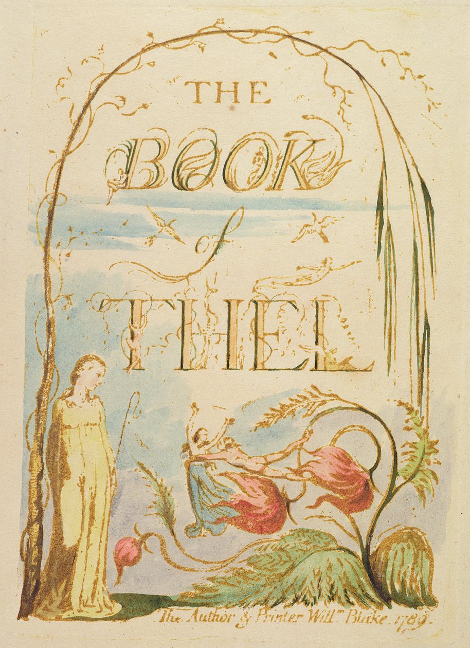 O Livro de Thel, placa 2 (Página de rosto), 1789 (relevo gravura com caneta e wc) de William Blake