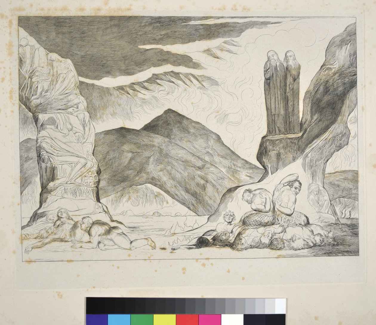 O Círculo dos Falsificadores: Dante e Virgílio Cobrindo o Nariz por causa do Fedor, Inferno, Canto XXIX, ilustração à &39;Divina Comédia&39; de Dante Alighieri, c.1827-38 de William Blake