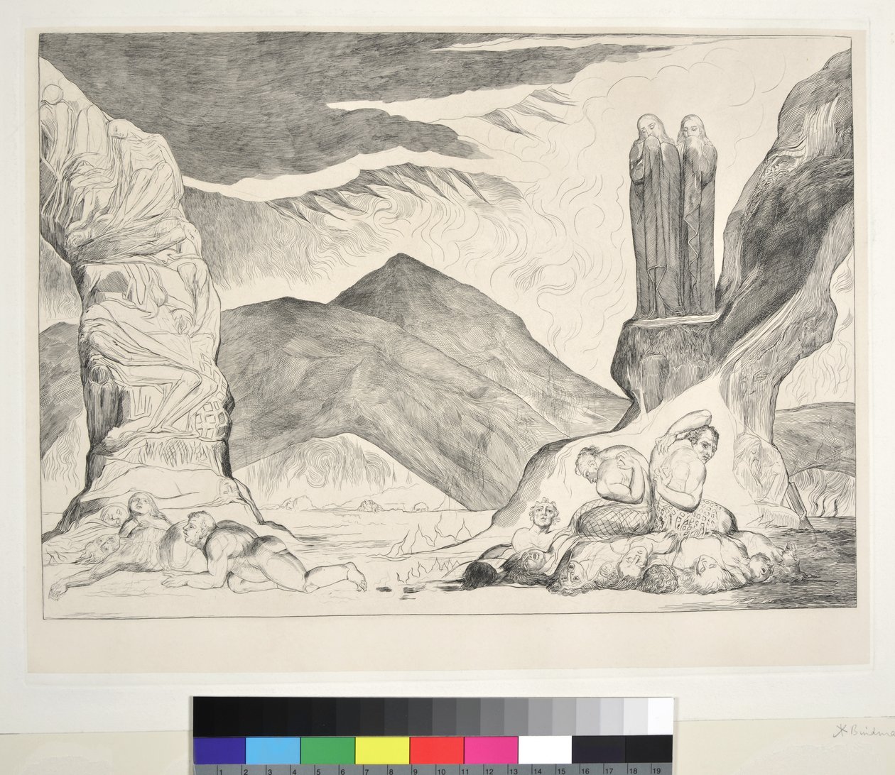 O Círculo dos Falsificadores: Dante e Virgílio Cobrindo o Nariz por causa do Fedor, Inferno, Canto XXIX, ilustração à &39;Divina Comédia&39; de Dante Alighieri, 1827 de William Blake
