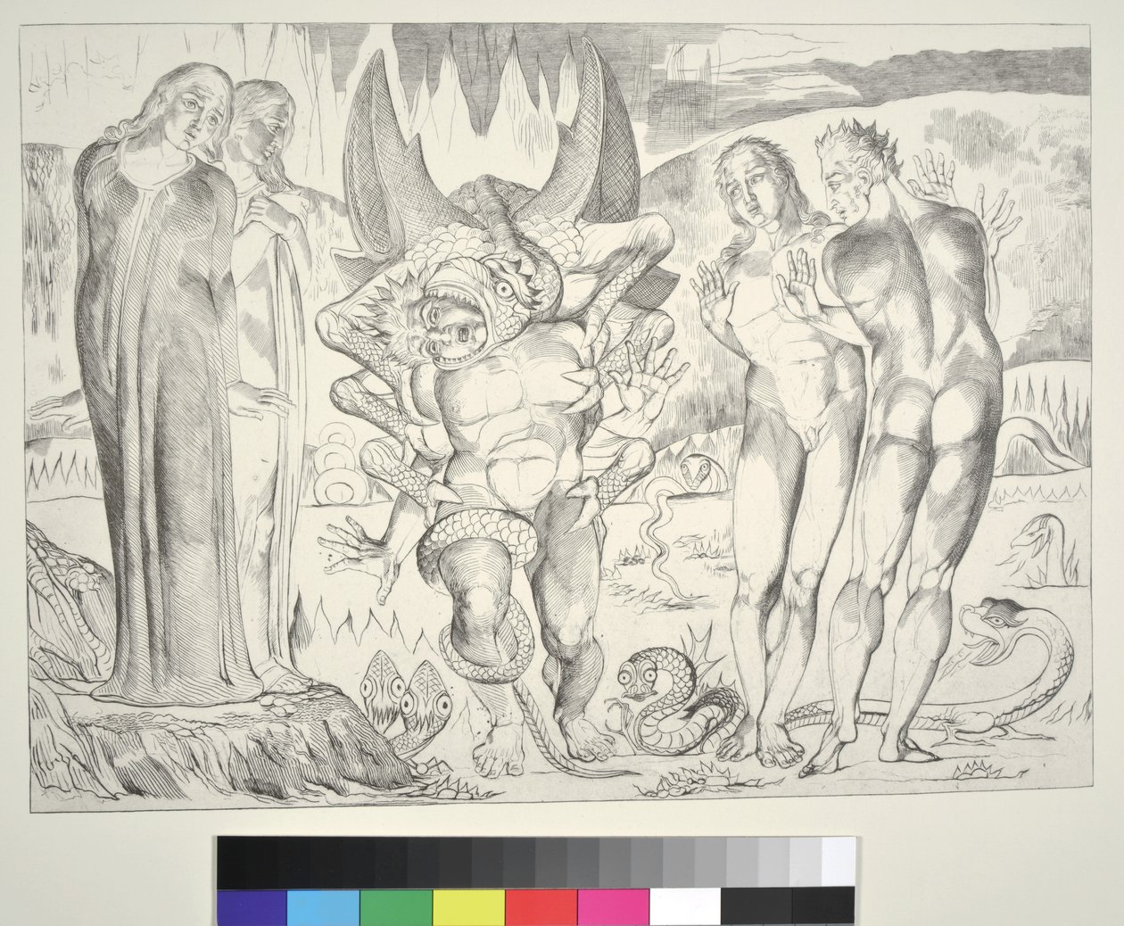 O Círculo dos Ladrões: Agnolo Brunelleschi Atacada por uma Serpente de Seis-Pés, Inferno, Canto XXV, ilustração da "Divina Comédia" de Dante Alighieri, 1838 de William Blake
