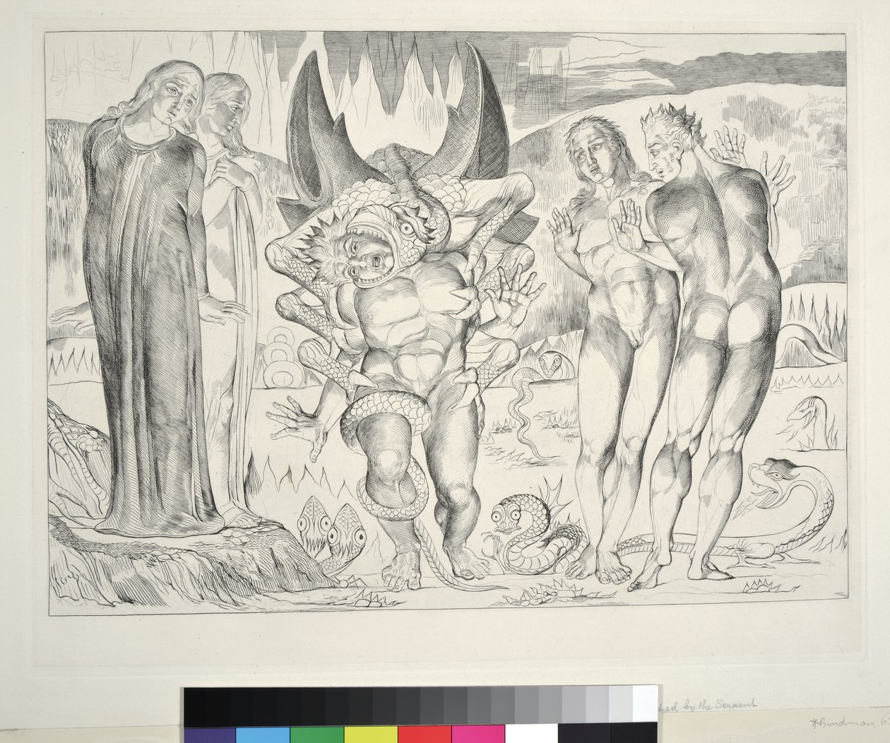 O Círculo dos Ladrões: Agnolo Brunelleschi Atacada por uma Serpente de Seis-Pés, Inferno, Canto XXV, ilustração da "Divina Comédia" de Dante Alighieri, 1827 de William Blake