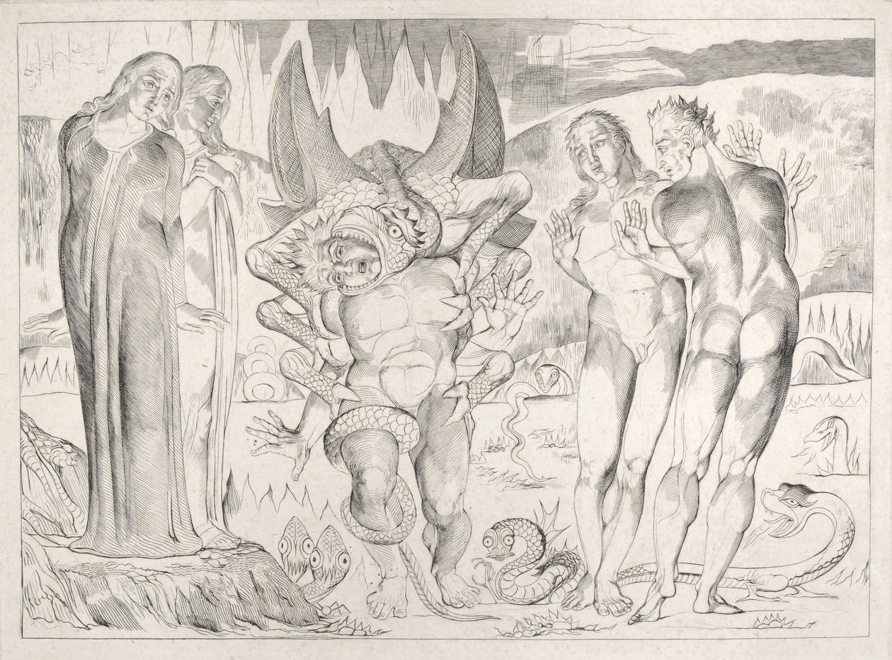 O Círculo dos Ladrões: Agnolo Brunelleschi atacado por um Inferno da Serpente de Seis-Patas, Canto XXV, ilustração da &39;Divina Comédia&39; de Dante Alighieri, 1827 de William Blake