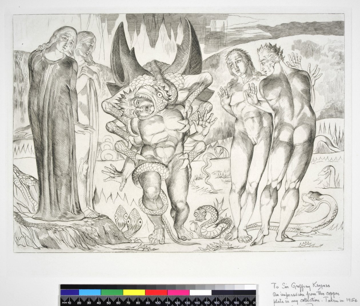 O Círculo dos Ladrões: Agnolo Brunelleschi Atacada por um Inferno de Serpente de Seis-Patas, Canto XXV, ilustração para a &39;Divina Comédia&39; de Dante Alighieri, 1954 de William Blake