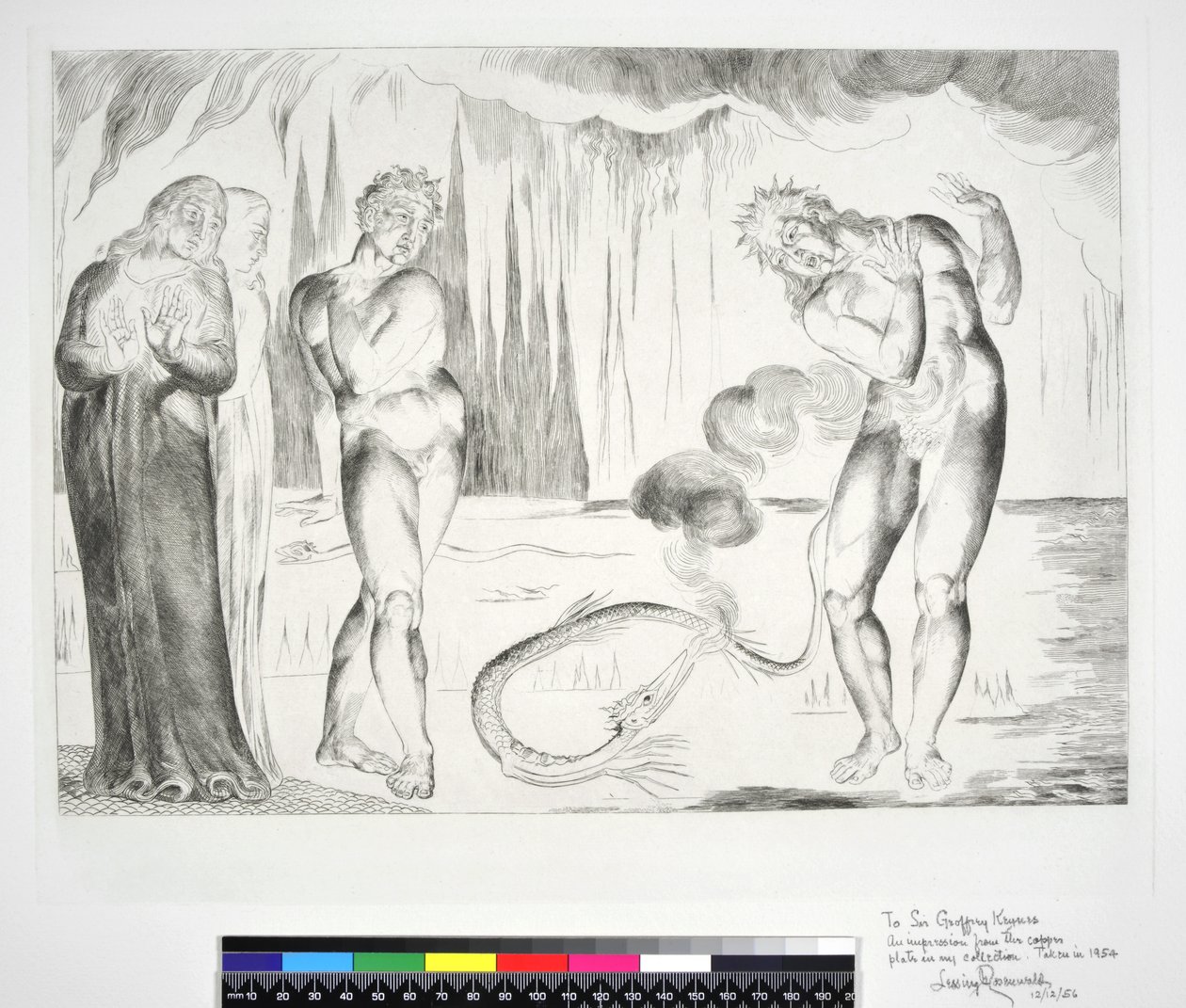 O Círculo dos Ladrões: Buoso Donati Atacada pela Serpente, Inferno, Canto XXV, ilustração à &39;Divina Comédia&39; de Dante Alighieri, 1954 de William Blake