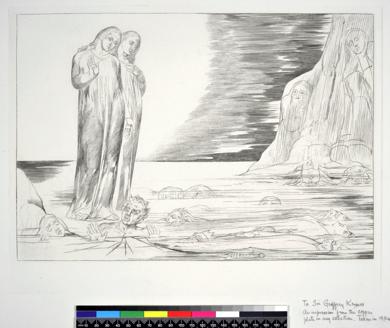 O Círculo dos Traidores: O pé de Dante atingindo Bocca degli Abbate, Inferno, Canto XXXII, ilustração da "Divina Comédia" de Dante Alighieri, 1954 de William Blake