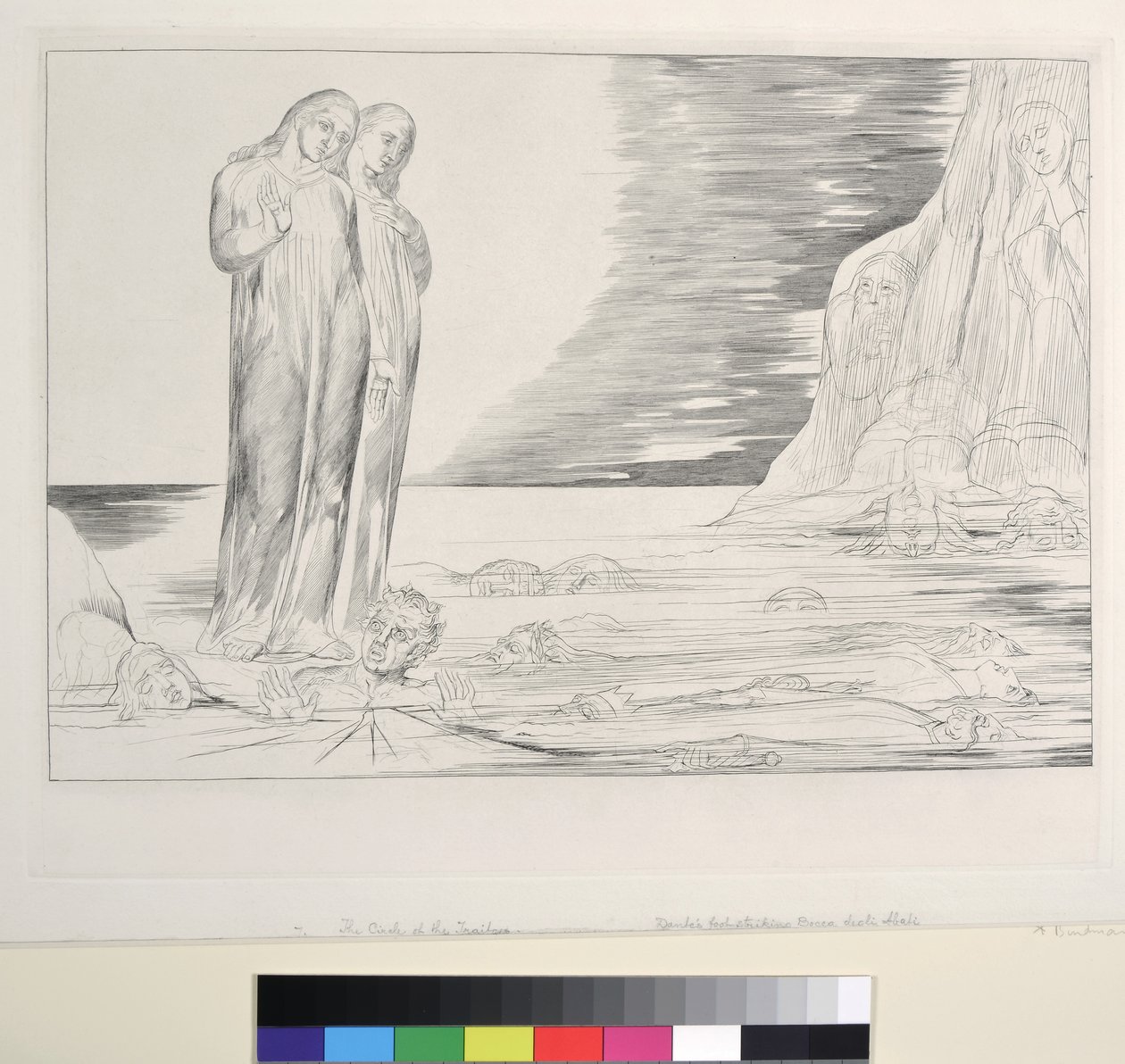 O Círculo dos Traidores: O pé de Dante atingindo Bocca degli Abbate, Inferno, Canto XXXII, ilustração da "Divina Comédia" de Dante Alighieri, 1827 de William Blake