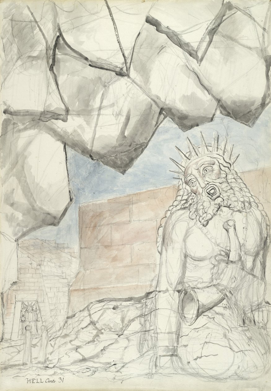 A Queixa do Gigante Nimrod, ilustração à Divina Comédia de Dante Alighieri, 1824-27 (caneta e tinta com wc sobre lápis e giz sobre papel) de William Blake