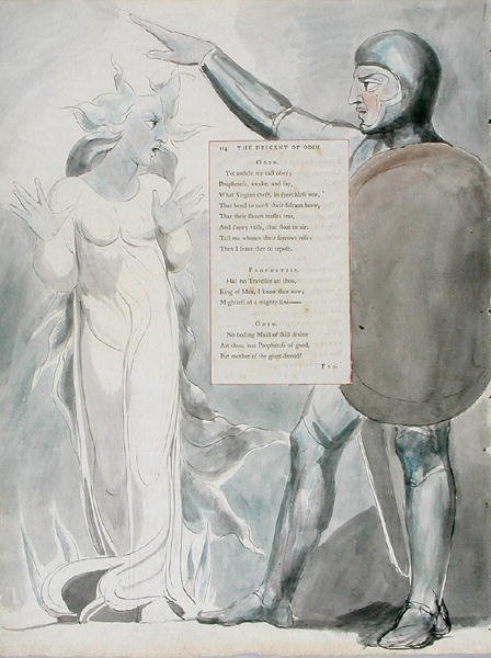 A Descida de Odin, desenho 84 de Os poemas de Thomas Gray, 1797-98 (wc com caneta e tinta no papel) de William Blake