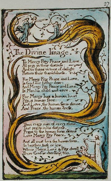 A imagem divina, ilustração de canções da inocência e da experiência (cópia de Bentley L) pl.27 (Bentley 18) 1789-94 (gravura do relevo com pena & wc no papel) de William Blake