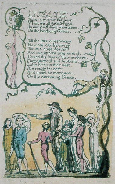 The Ecchoing Green, e eles riem da nossa peça ..., prato 8 de Songs of Innocence, 1789 (relevo colorido à mão gravura com aquarela) de William Blake