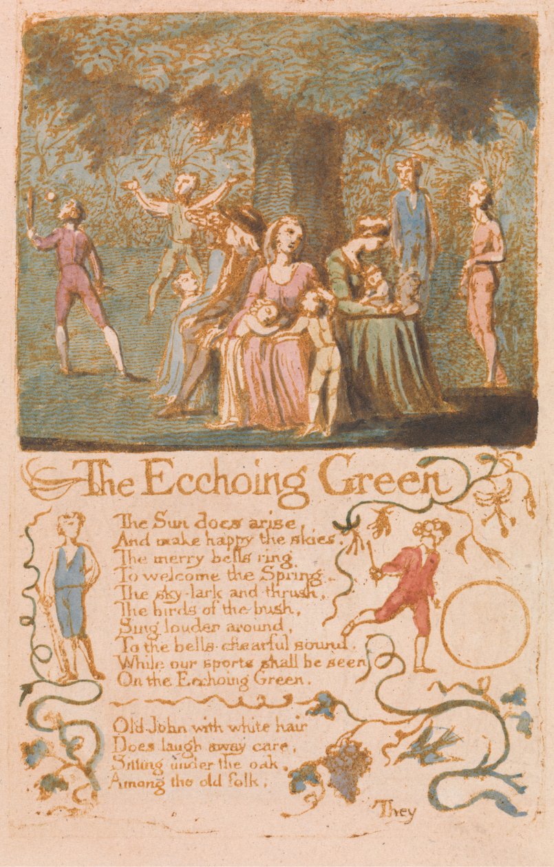 The Ecchoing Green, prato 10 de Songs of Innocence, 1789 (gravura em relevo com wc no papel) de William Blake
