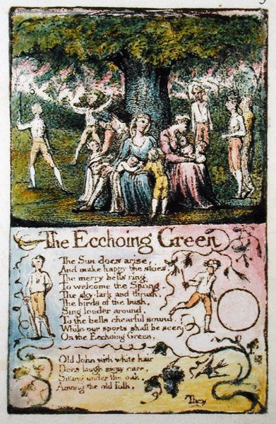 The Echoing Green, prato 5 (Bentley 6) de Songs of Innocence e de Experience (Bentley Copy L) 1789-94 (gravura elevada com caneta e wc) de William Blake