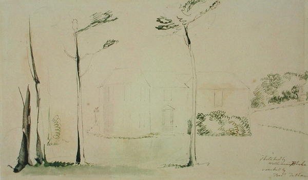A frente de entrada da Hayleys House em Eartham, 1801 (caneta e tinta e wc sobre grafite sobre papel) de William Blake