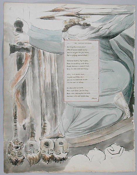 The Fatal Sisters, desenho 72 de Os poemas de Thomas Gray, 1797-98 (wc com caneta e tinta no papel) de William Blake