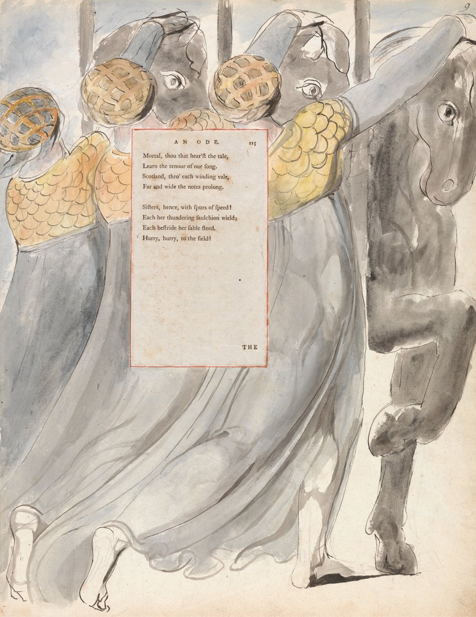 The Fatal Sisters, desenho 75 de The Poems of Thomas Grey, 1797-98 (wc com caneta e tinta no papel) de William Blake